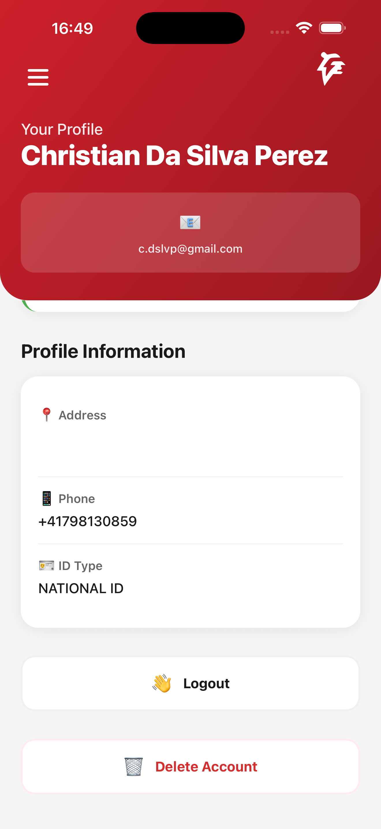 Profile page with settings icon